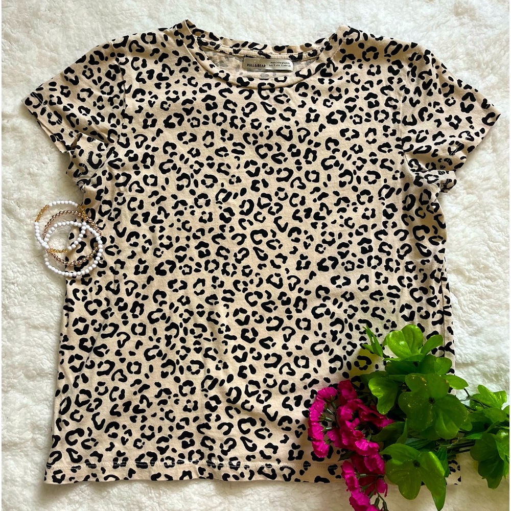 Pull & Bear Womens Animal Print T-Shirt Short Sleeve‎ Cream-black Size S